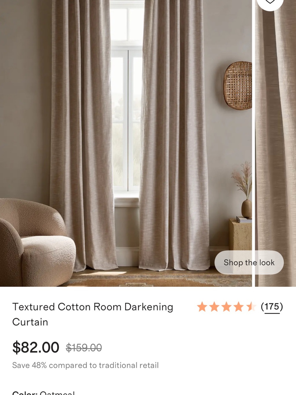 Quince Oatmeal Textured Cotton Room-Darkening Curtain. Brand new!